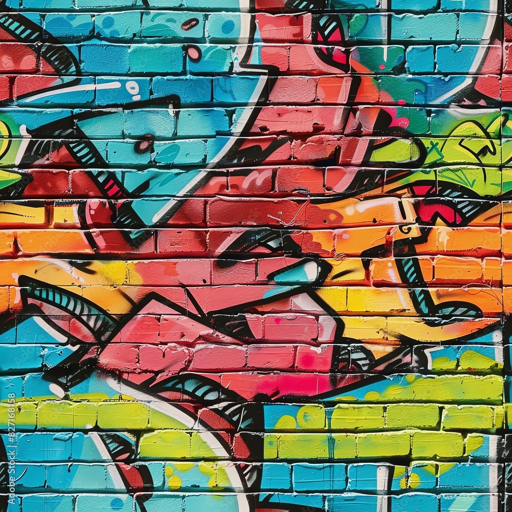 A close-up of stylized graffiti tags on a brick wall, showcasing intricate lettering and vibrant color combinations in an urban alley