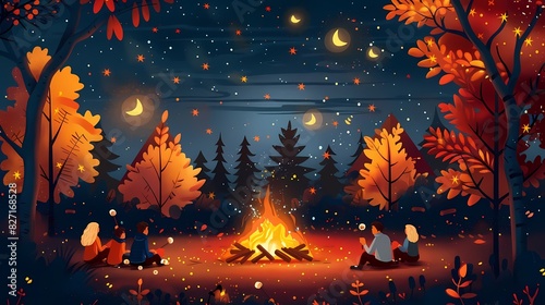 Design a flat style autumn evening scene with a bonfire and people roasting marshmallows