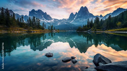 An HDR shot of a serene mountain lake at dawn, with the tranquil waters mirroring the surrounding peaks and the first light of day, ideal for a peaceful travel background. photo