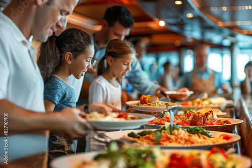 Joyful family lines up at a bountiful buffet  exploring and tasting a variety of delicious dishes during a festive gathering
