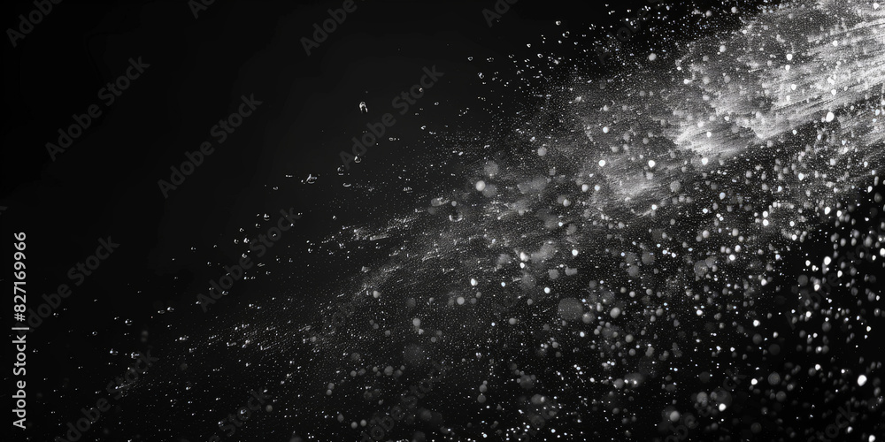 Water spray on black background, white water droplets falling in the air, particles of dust floating in space.Abstract black and white bokeh lights with sparkling particles creating a dramatic Water spray on black background, white water droplets falling in the air, particles of dust floating in space.Abstract black and white bokeh lights with sparkling particles creating a dramatic