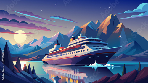 Majestic Cruise Ship Sailing at Sunset with Scenic Mountain Landscape