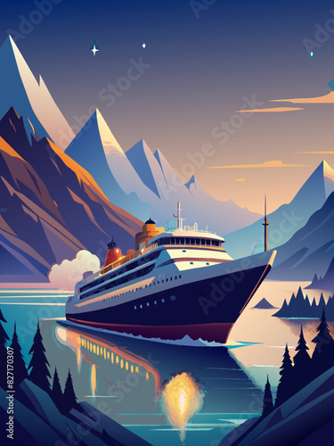Majestic Cruise Ship Journeying Through Serene Mountain Lake at Dusk