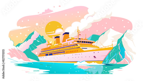 Majestic Cruise Ship Sailing Through Icy Mountain Landscape at Sunset