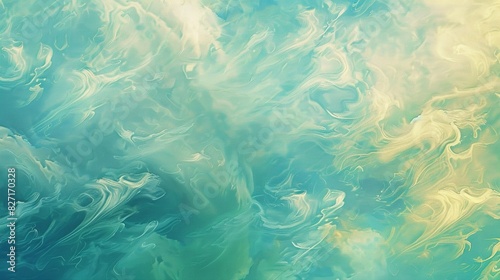 Closeup of a finely textured paint surface resembling delicate brush strokes and wispy clouds. Soft shades of blue green and yellow blend together seamlessly a reflection