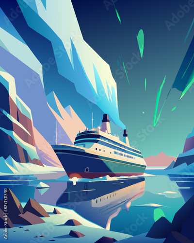 Majestic Cruise Ship Sailing Arctic Waters Under Northern Lights