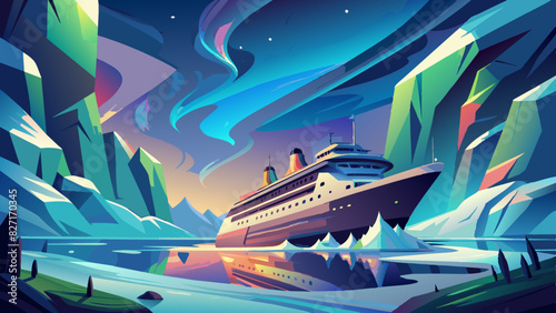 Vibrant Cruise Ship Journey Through Icy Northern Passageway Illustration