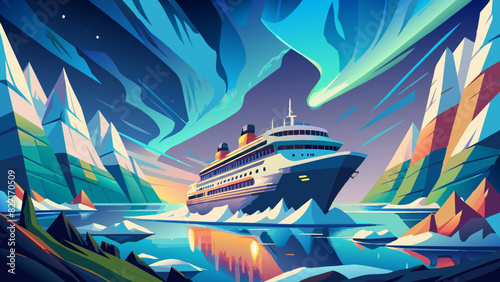 Majestic Cruise Ship Sailing Through Icy Northern Lights Seascape