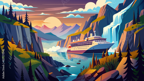 Majestic Cruise Ship Sailing Through Scenic Mountainous Landscape at Sunset