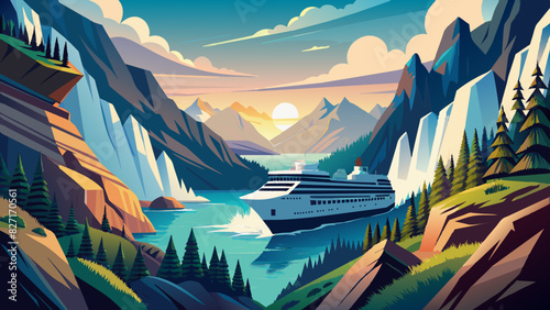 Majestic Fjord Landscape with Cruise Ship at Sunset