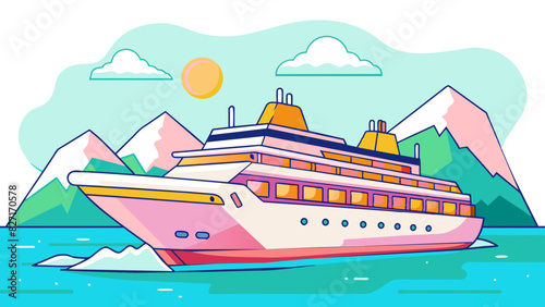 Colorful Cruise Ship Sailing in Picturesque Mountainous Landscape Illustration