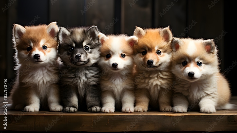 Group of puppies, cute animals, sweet and fluffy furry friends in cute and playful poses