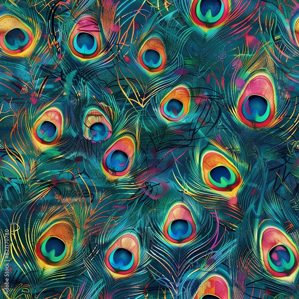 Obraz premium Artistic arrangement of multiple peacock feathers, creating a colorful and textured backdrop, suitable for creative projects and displays