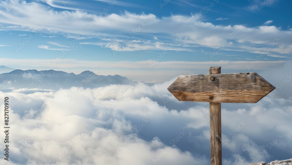 Mesmerizing sea of clouds and wood sign pointing to misty mountain tops. Escape to tranquil heights, copy space text. Dreamy alpine landscape background Mesmerizing sea of clouds and wood sign pointing to misty mountain tops. Escape to tranquil heights, copy space text. Dreamy alpine landscape background