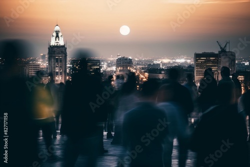 crowd of people, blurred motion, city lights and supermoon photo
