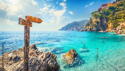 Sparkling Italian riviera and wood sign pointing to azure waters. Live la dolce vita, copy space text. Glamorous Mediterranean vacation background