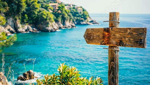 Sparkling Italian riviera and wood sign pointing to azure waters. Live la dolce vita, copy space text. Glamorous Mediterranean vacation background
