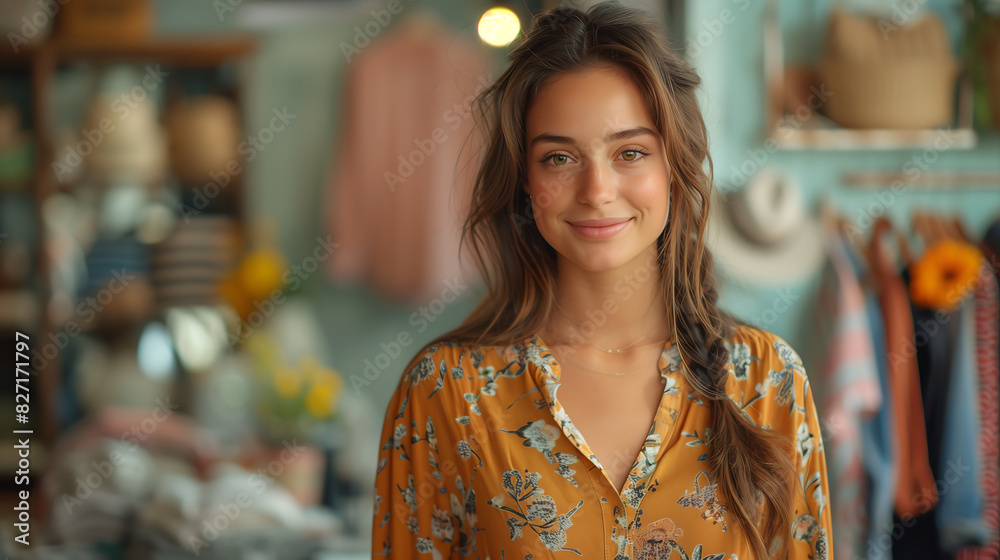 Portrait smiling young woman standing in a store, yellow blouse autumn decor on a shelf, beautiful blonde girl looking at camera while working, saleswoman concept Portrait smiling young woman standing in a store, yellow blouse autumn decor on a shelf, beautiful blonde girl looking at camera while working, saleswoman concept