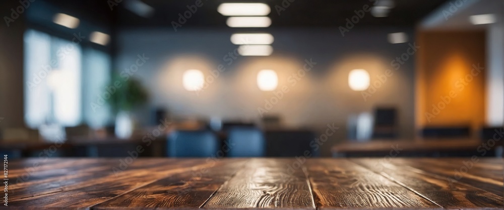 Wood table top and blurred bokeh office interior space background - can used for display or montage your products Wood table top and blurred bokeh office interior space background - can used for display or montage your products