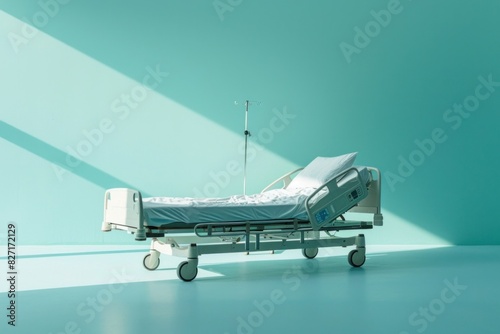 hospital bed on pastel blue wall background, copy space