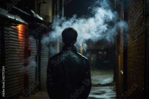 Man smoking in a dark alleyway