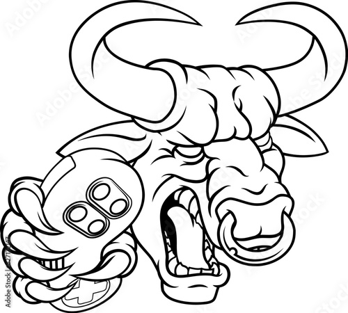 A bull or Minotaur monster longhorn cow angry mean video game gamer mascot cartoon character.