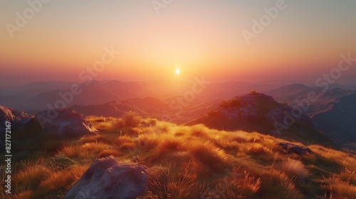 A sunset over a mountainous landscape with a clear sky photo