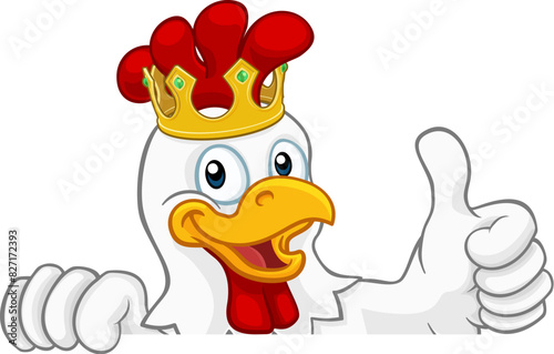 A chicken rooster cockerel bird cartoon character in a gold kings crown peeking over a sign and giving a thumbs up