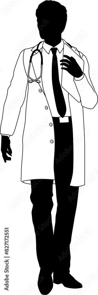 Silhouette doctor man medical healthcare person in a lab coat holding a clipboard. Silhouette doctor man medical healthcare person in a lab coat holding a clipboard.