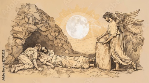 Angel Rolling Back Stone from Jesus Tomb, Roman Soldiers Sleeping, Dawn Breaking, Biblical Illustration, Beige Background, Copyspace