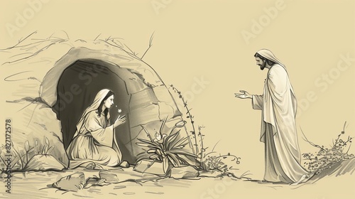 Mary Magdalene at Empty Tomb with Jesus Appearing in Garden, Calling Her Name, Biblical Illustration, Beige Background, Copyspace