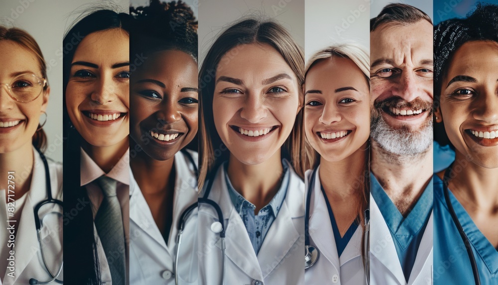 United in Care: A Collage of Smiling Physicians on Patient Health Checkup United in Care: A Collage of Smiling Physicians on Patient Health Checkup
