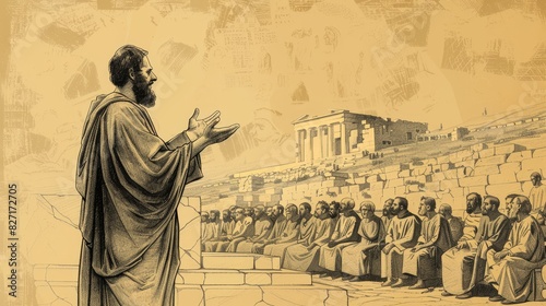 Paul Preaching at Mars Hill in Athens, Areopagus and Curious Athenians Listening, Biblical Illustration, Beige Background, Copyspace photo