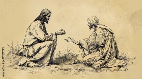 Jesus Teaching Parable of the Unforgiving Servant, Emphasizing Forgiveness, Biblical Illustration, Beige Background, Copyspace