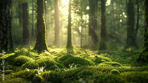 A sunlit forest with a carpet of moss