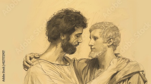 Biblical Illustration of Anointing of David by Samuel, Spirit of the Lord Rushing Upon David, Beige Background, Copyspace