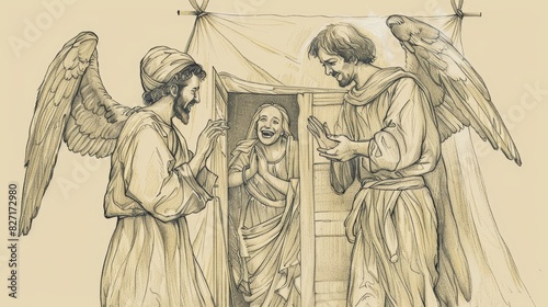Angels Announcing to Abraham and Sarah They Will Have a Son, Sarah Laughing, Tent Door, Biblical Illustration, Beige Background, Copyspace photo