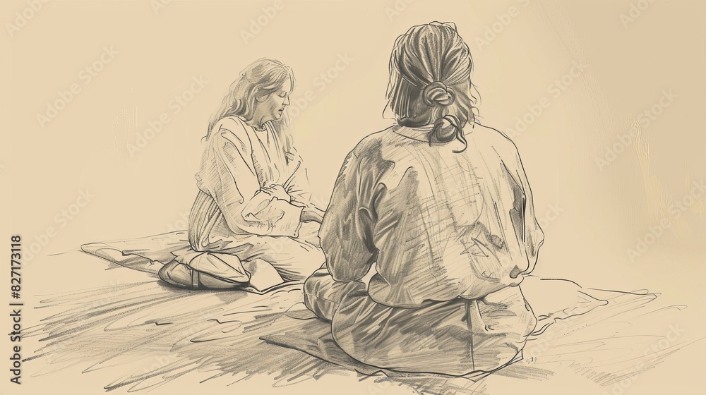 Obraz premium Mary Sitting at Jesus Feet, Listening to His Teaching, Martha Busy in Background, Biblical Illustration, Beige Background, Copyspace