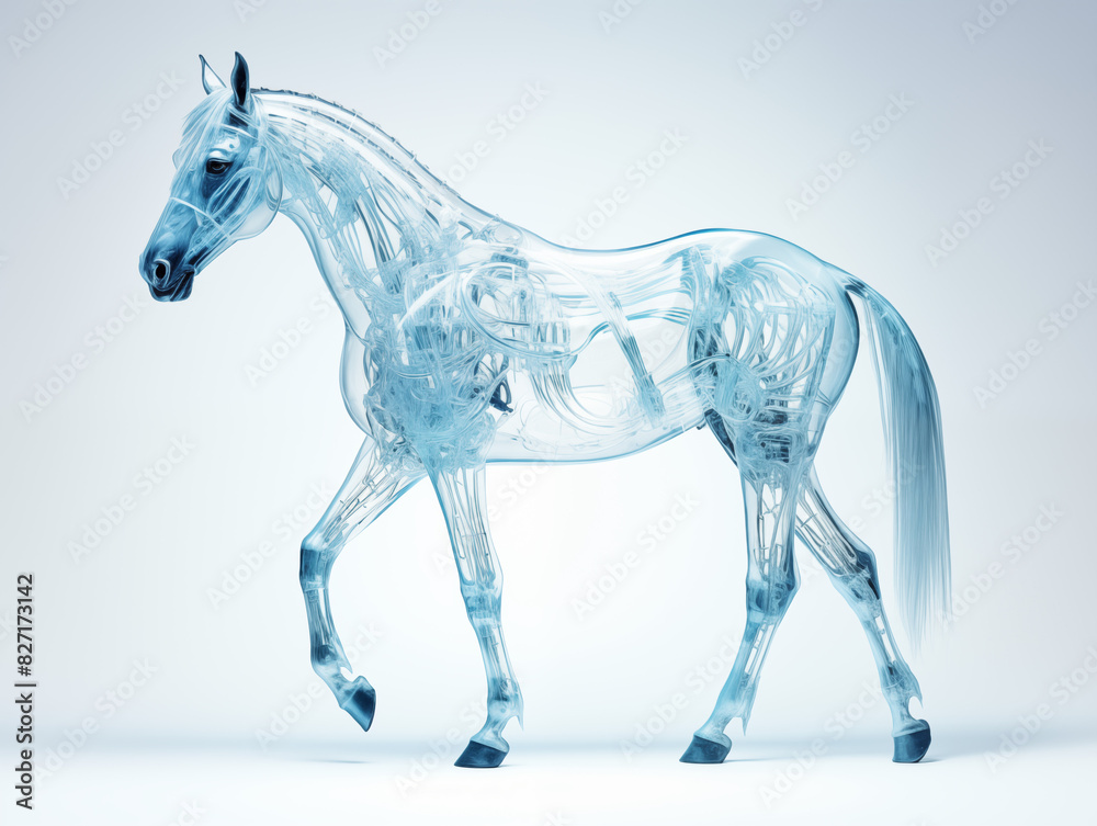 Obraz premium A Horse With A Semi-transparent Skeleton Showcasing A Detailed, Glowing Skeletal Structure On A Clean Pastel Light And White Isolated Background For Commercial Photograph