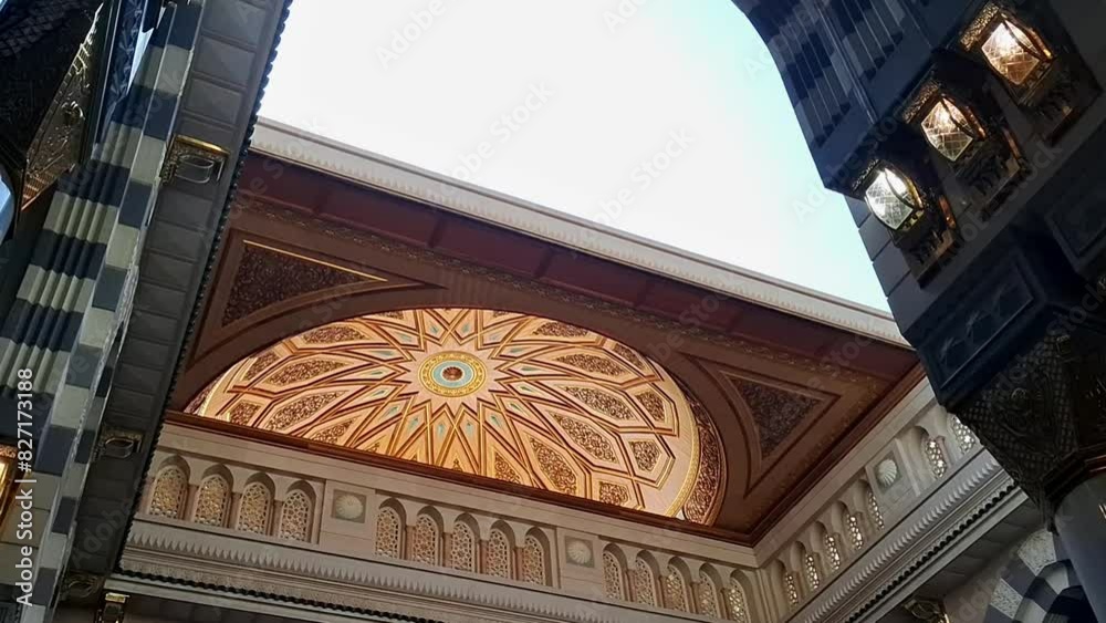 Interior of the the Prophet's Mosque (Masjid An-Nabawi) that is the decorative dome opens automatically in the afternoon