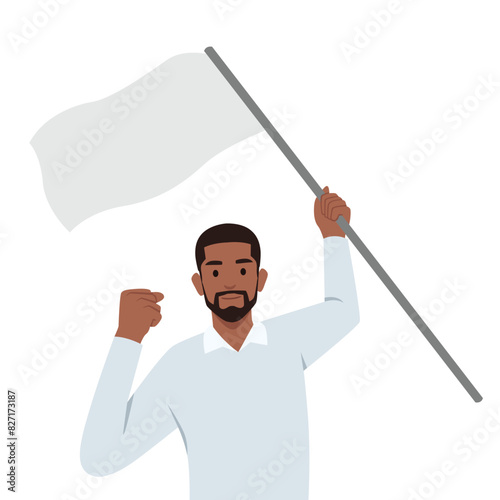 Angry man holding blank or white flag. Flat vector illustration isolated on white background