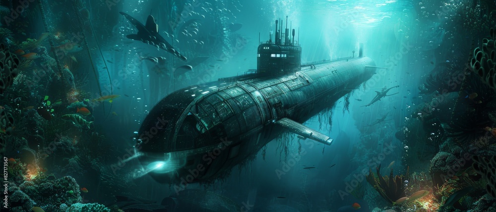 Dive into a mesmerizing underwater world with a detailed illustration of a high-tech submarine surrounded by swirling sonar waves and vibrant marine life Capture the essence of oce Dive into a mesmerizing underwater world with a detailed illustration of a high-tech submarine surrounded by swirling sonar waves and vibrant marine life Capture the essence of oce
