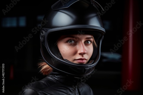 portrait of confident young woman wearing motorcycle helmet © alisaaa