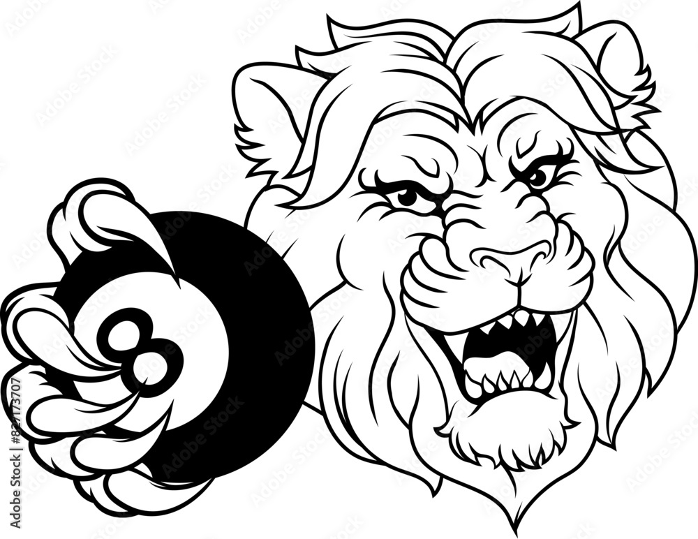 A lion angry mean pool billiards mascot cartoon character holding a black 8 ball. A lion angry mean pool billiards mascot cartoon character holding a black 8 ball.