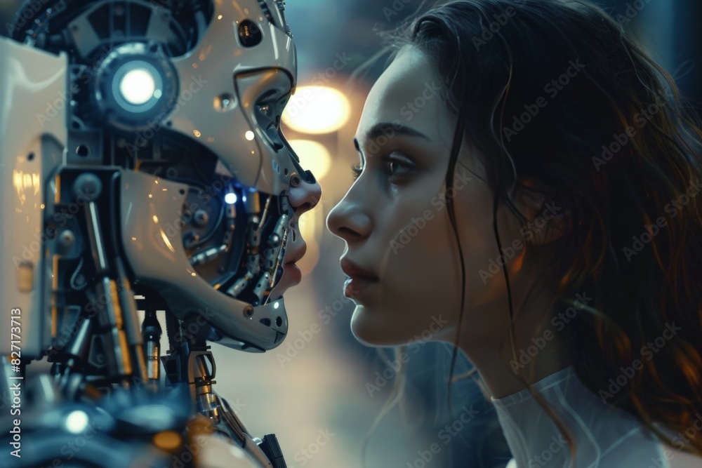 A woman stands by a robot on a street in the city A woman stands by a robot on a street in the city