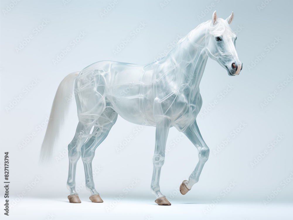A Horse With A Semi-transparent Skeleton Showcasing A Detailed, Glowing Skeletal Structure On A Clean Pastel Light And White Isolated Background For Commercial Photograph