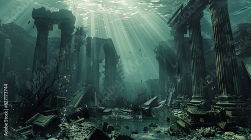 Diver exploring ancient ruins in an underwater fantasy world photo