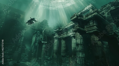 Diver exploring ancient ruins in an underwater fantasy world