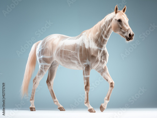 A Horse With A Semi-transparent Skeleton Showcasing A Detailed  Glowing Skeletal Structure On A Clean Pastel Light And White Isolated Background For Commercial Photograph