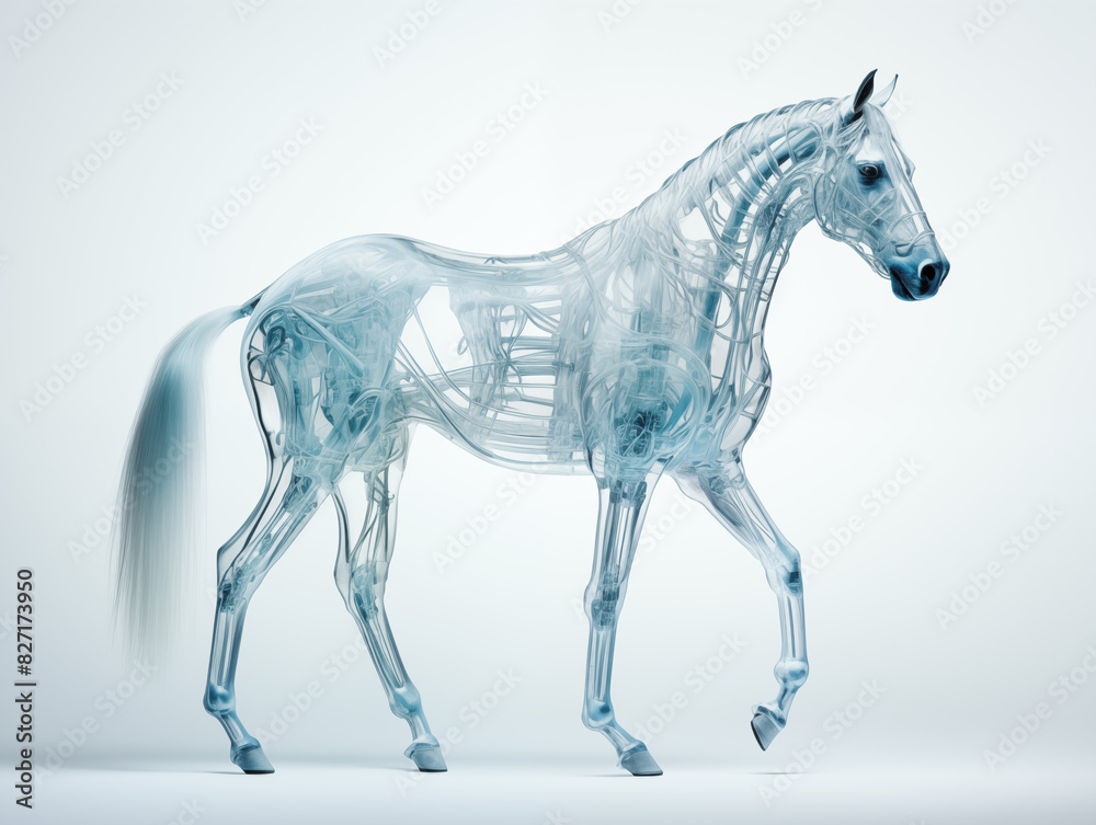A Horse With A Semi-transparent Skeleton Showcasing A Detailed, Glowing Skeletal Structure On A Clean Pastel Light And White Isolated Background For Commercial Photograph A Horse With A Semi-transparent Skeleton Showcasing A Detailed, Glowing Skeletal Structure On A Clean Pastel Light And White Isolated Background For Commercial Photograph